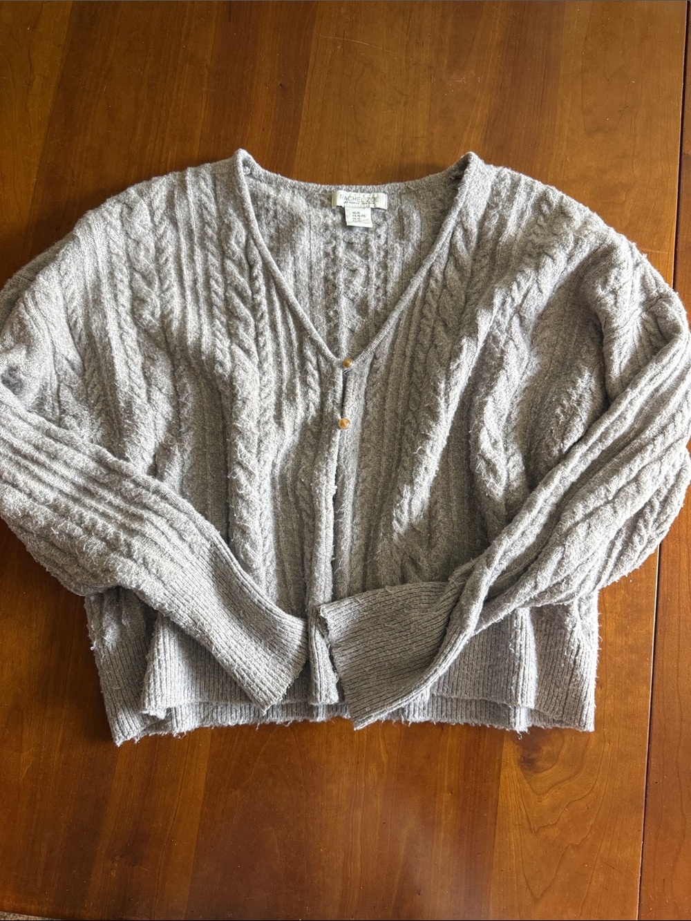 Rachel Zoe Taupe Cable Knit V-Neck Button Cardigan